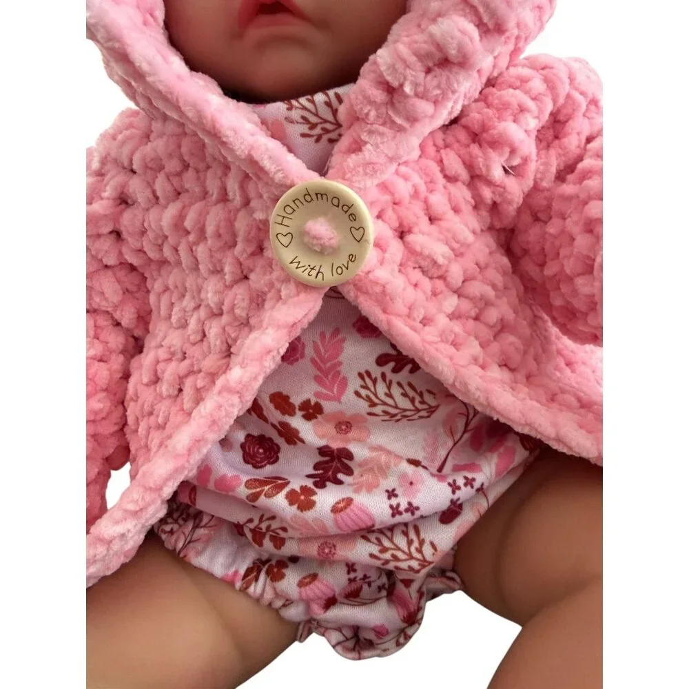 Handmade Pink Chenille Newborn Baby Hoodie & Booties Set Bear Ears Soft Plush - Picture 7 of 16